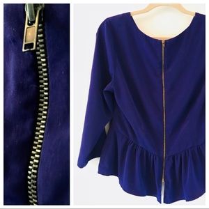 Zipper-back peplum top in vivid royal purple sz L